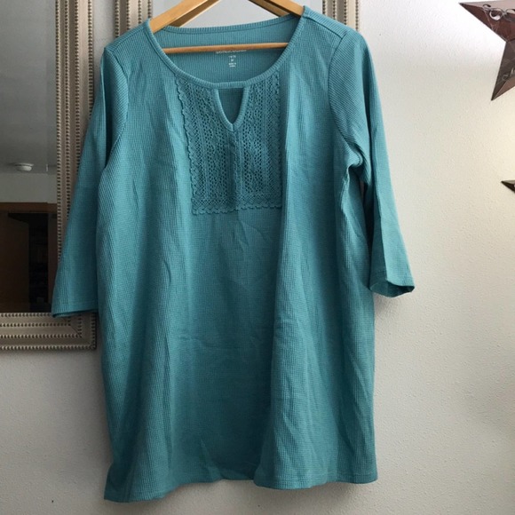 Woman Within blouse, turquoise, waffle, lace, size 14/16 Medium - Picture 1 of 5